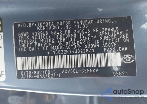 2004 Toyota Camry Le из США, поврежденный, VIN 4T1BE32K44U822871